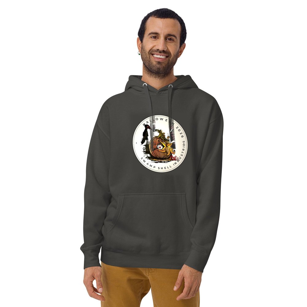 Swamp Shell Industries Logo Hoodie — Halloween 2026, vintage black with bone badge