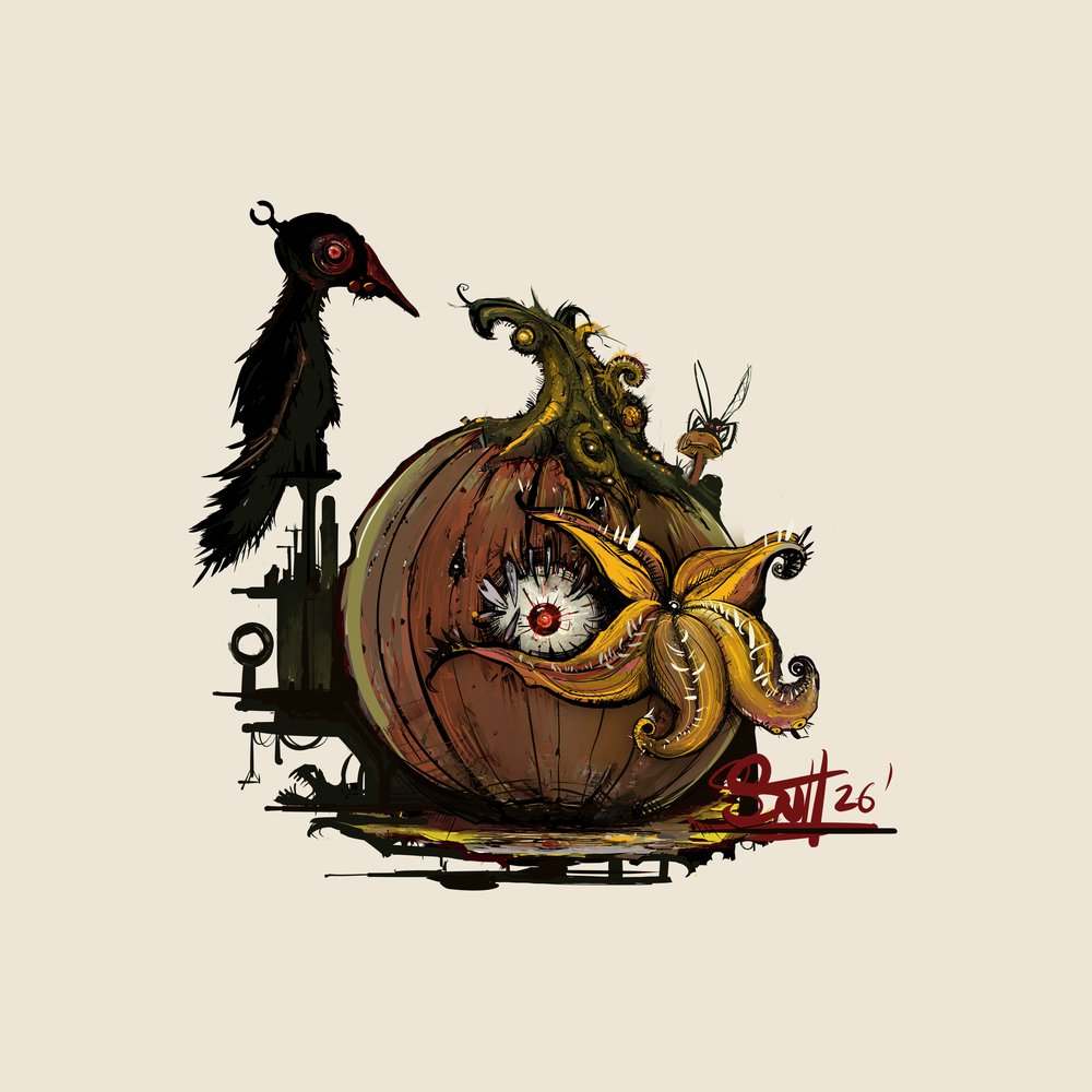 Inktober '26 Pumpkin Creature art on bone
